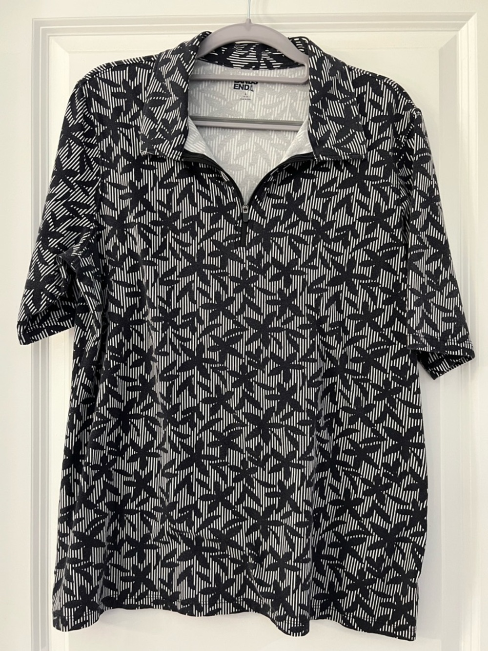 Lands' End Women's Black Flowers & Taupe Soft Quarter-Zip Elbow-Sleeve Polo